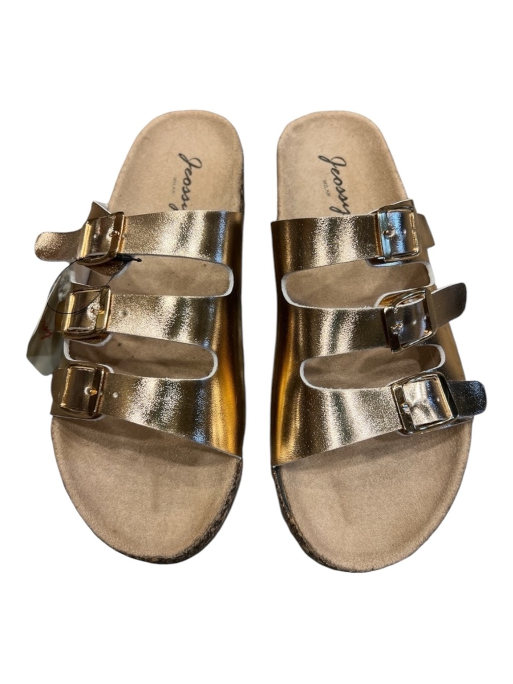 Milan Jeossy Women's Rose Gold Triple Strap Buckle Open Toe Cork Sandals 9.5